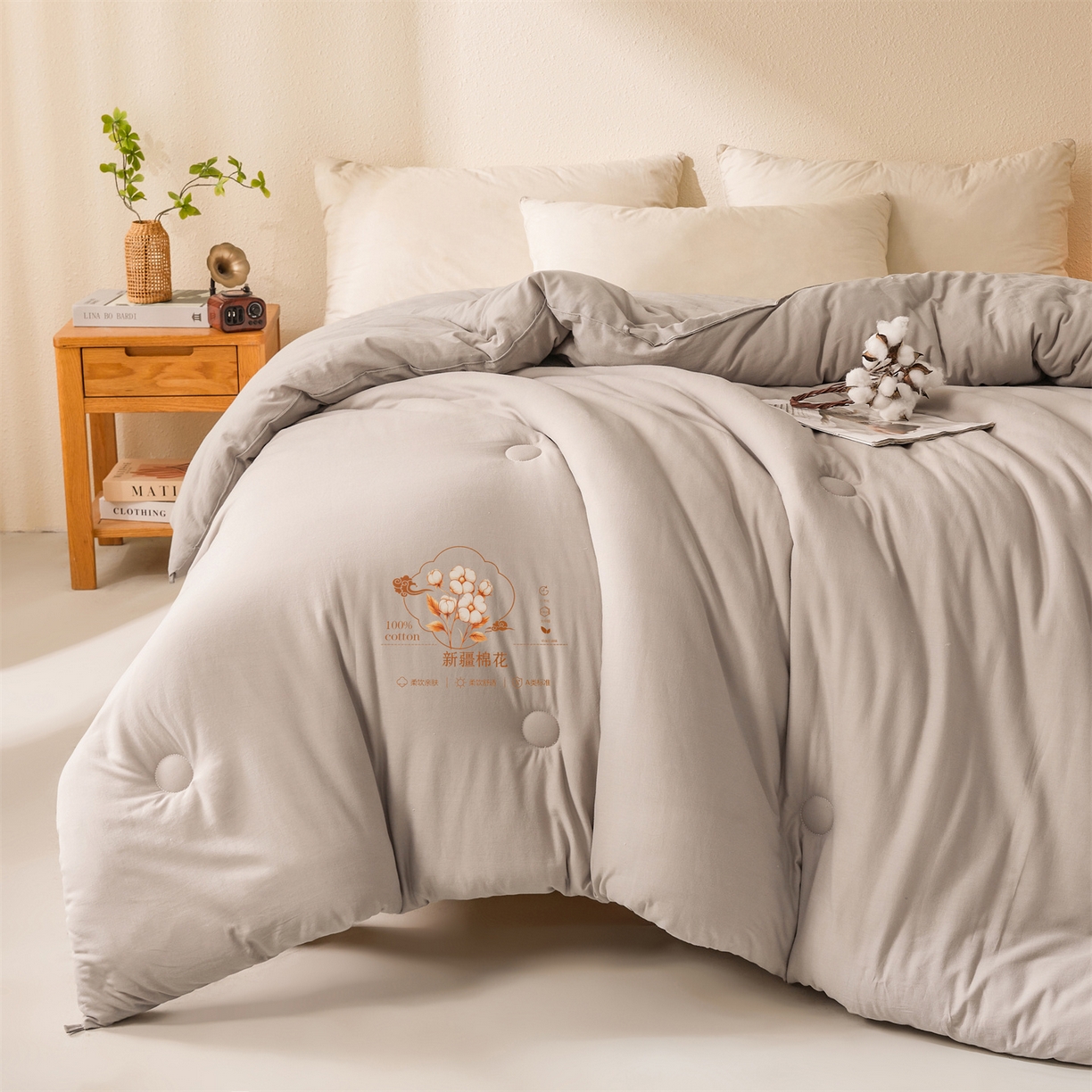 91家纺网 家纺一手货源 找家纺 易博家纺 2025新款A类水洗棉新疆棉花被纯色冬被春秋被被子被芯 棉花被-月光灰