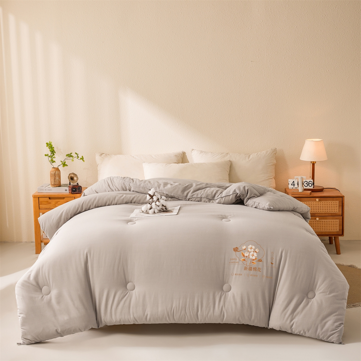 91家纺网 家纺一手货源 找家纺 易博家纺 2025新款A类水洗棉新疆棉花被纯色冬被春秋被被子被芯 棉花被-月光灰