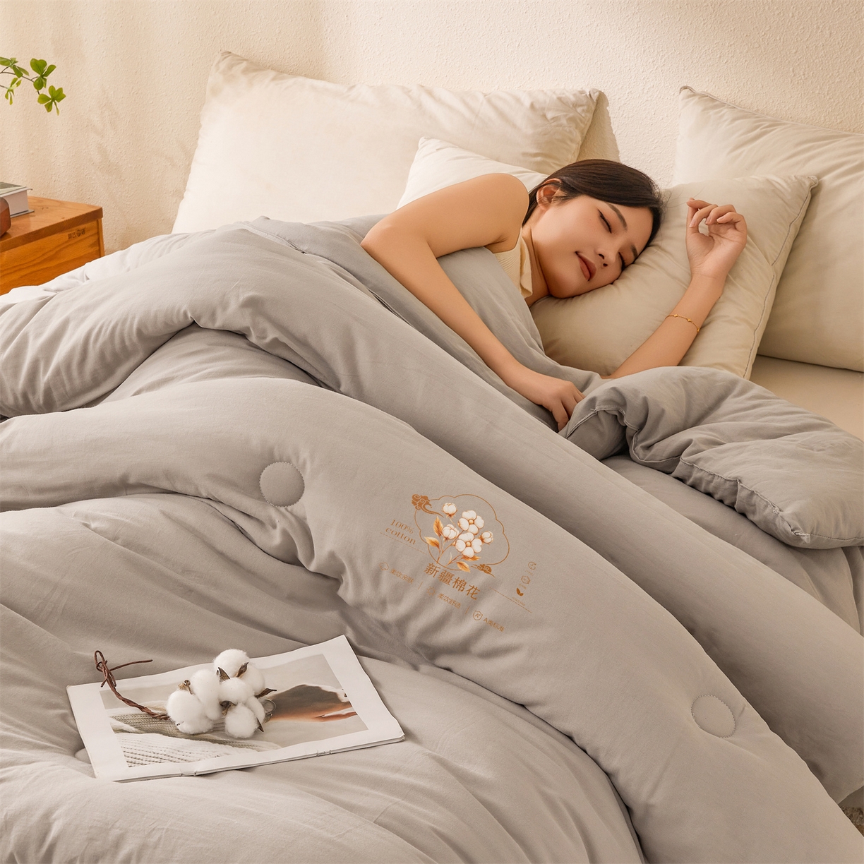 91家纺网 家纺一手货源 找家纺 易博家纺 2025新款A类水洗棉新疆棉花被纯色冬被春秋被被子被芯 棉花被-月光灰