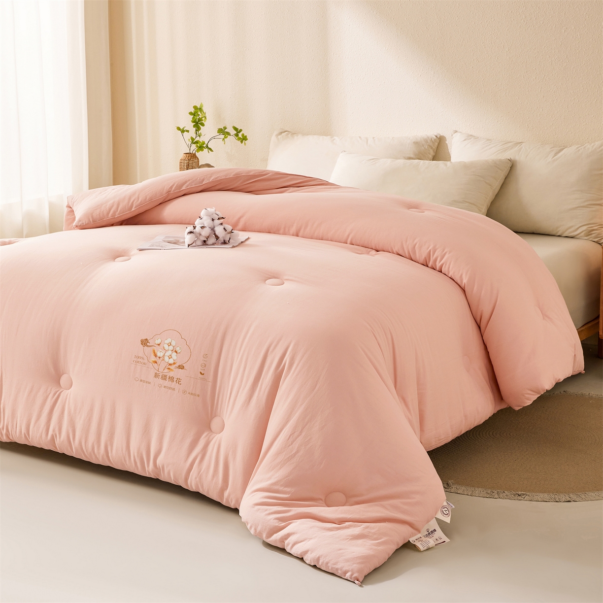 91家纺网 家纺一手货源 找家纺 易博家纺 2025新款A类水洗棉新疆棉花被纯色冬被春秋被被子被芯 棉花被-玫瑰粉