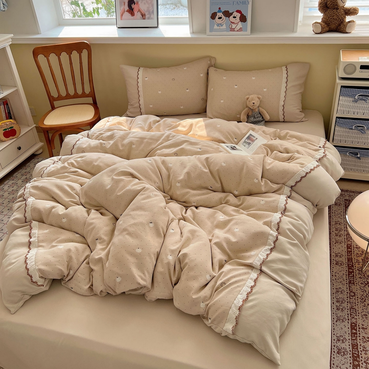 91家纺网 家纺一手货源 找家纺 （总）优选 2025秋冬新品韩国小清新有氧提花人字纹双层纱全棉蕾丝花边加厚四件套（提供买家秀）