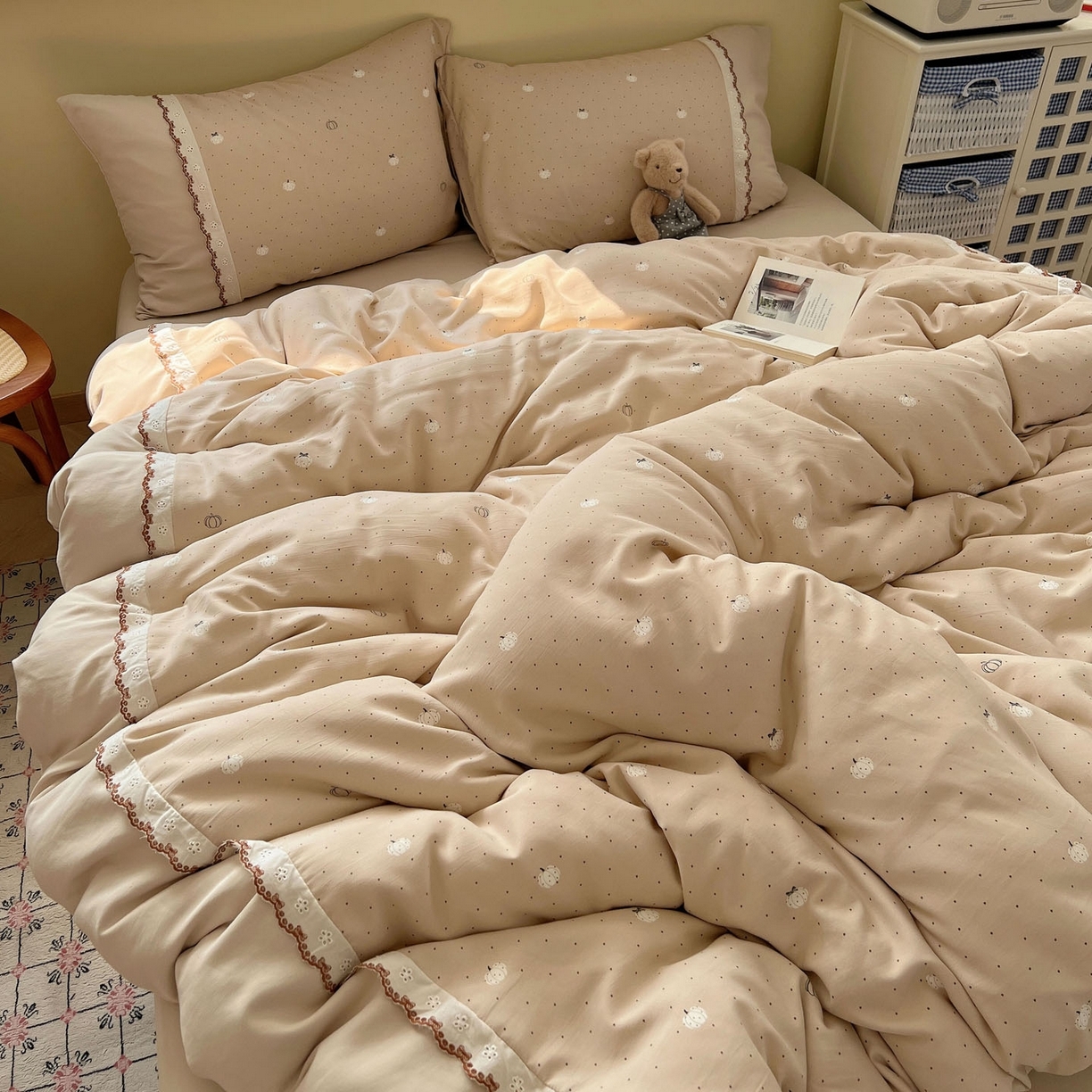 91家纺网 家纺一手货源 找家纺 （总）优选 2025秋冬新品韩国小清新有氧提花人字纹双层纱全棉蕾丝花边加厚四件套（提供买家秀）