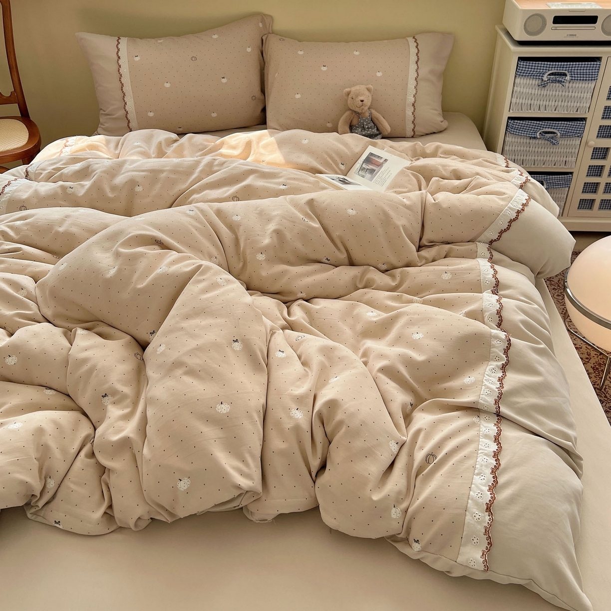 91家纺网 家纺一手货源 找家纺 （总）优选 2025秋冬新品韩国小清新有氧提花人字纹双层纱全棉蕾丝花边加厚四件套（提供买家秀）