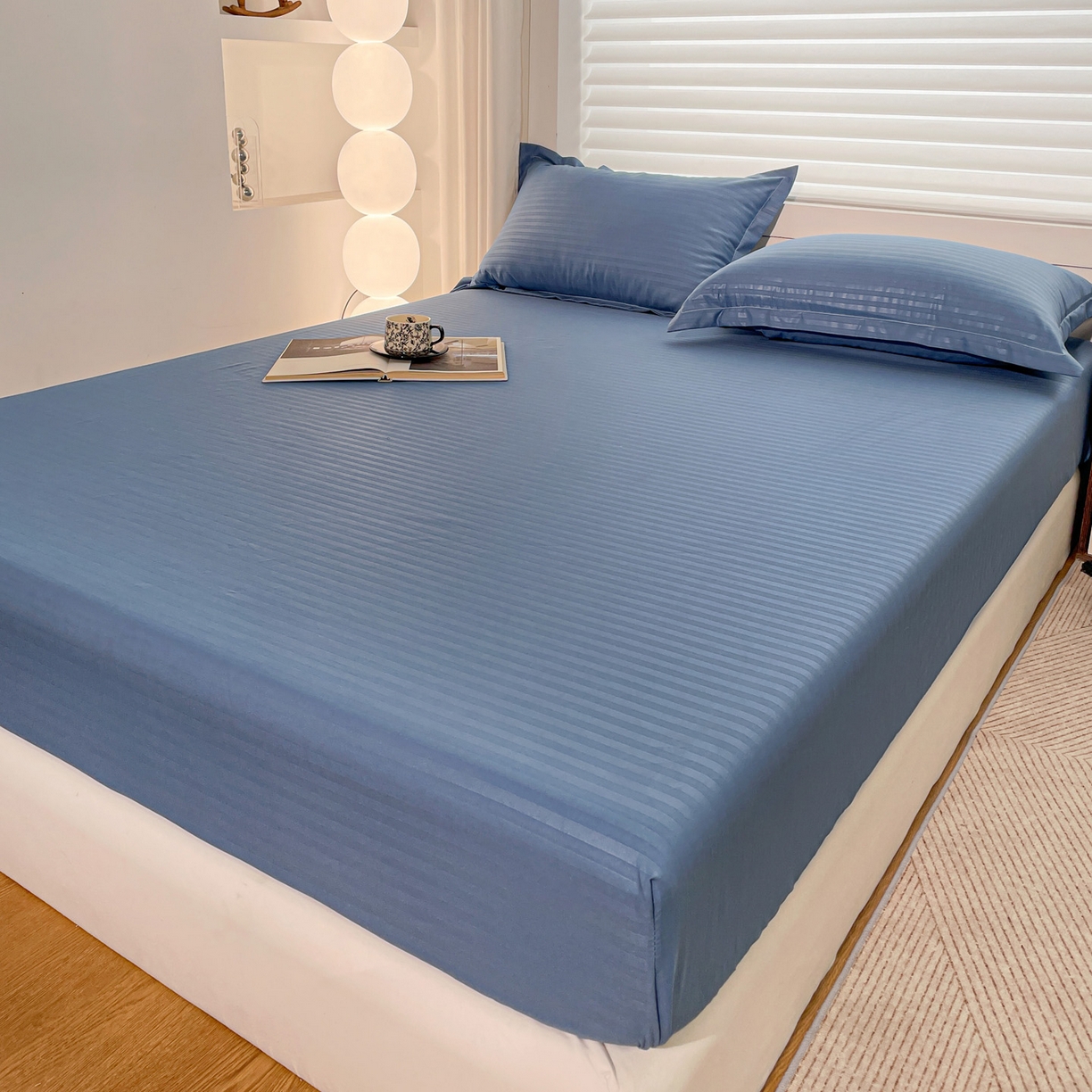 91家纺网 家纺一手货源 找家纺 恬澳家纺 2025新款简约磨毛压花床笠外贸跨境电商亚马逊速卖通单床笠三件套欧美尺寸多多跨境平台-场景二 条纹-蓝