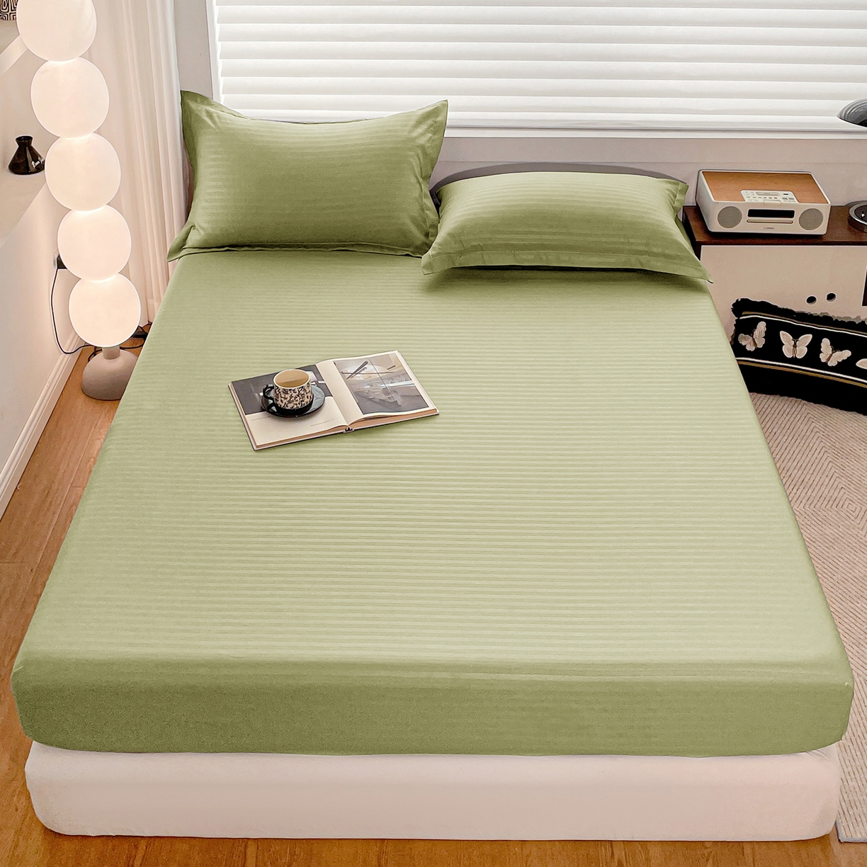 91家纺网 家纺一手货源 找家纺 恬澳家纺 2025新款简约磨毛压花床笠外贸跨境电商亚马逊速卖通单床笠三件套欧美尺寸多多跨境平台-场景二 条纹-绿