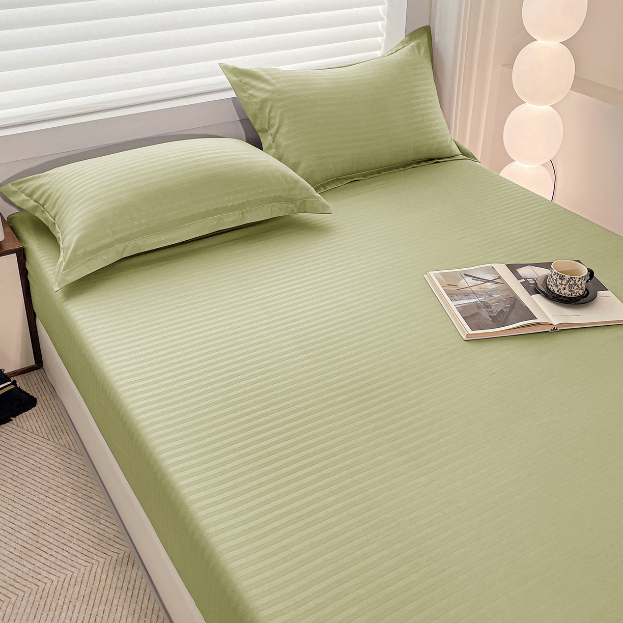 91家纺网 家纺一手货源 找家纺 恬澳家纺 2025新款简约磨毛压花床笠外贸跨境电商亚马逊速卖通单床笠三件套欧美尺寸多多跨境平台-场景二 条纹-绿