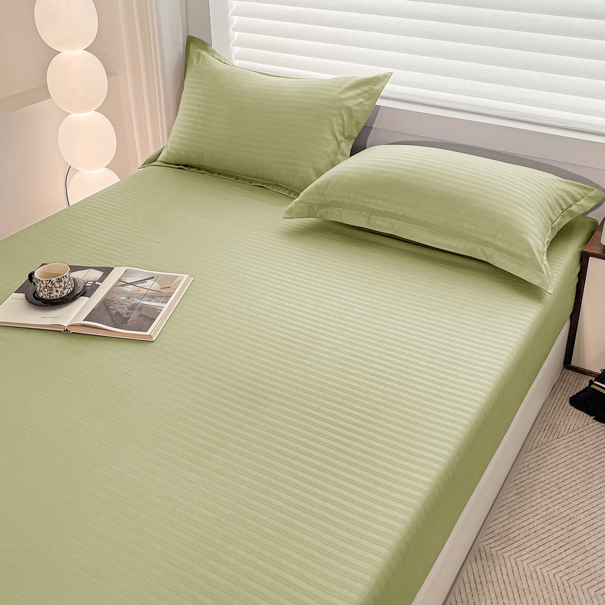 91家纺网 家纺一手货源 找家纺 恬澳家纺 2025新款简约磨毛压花床笠外贸跨境电商亚马逊速卖通单床笠三件套欧美尺寸多多跨境平台-场景二 条纹-绿