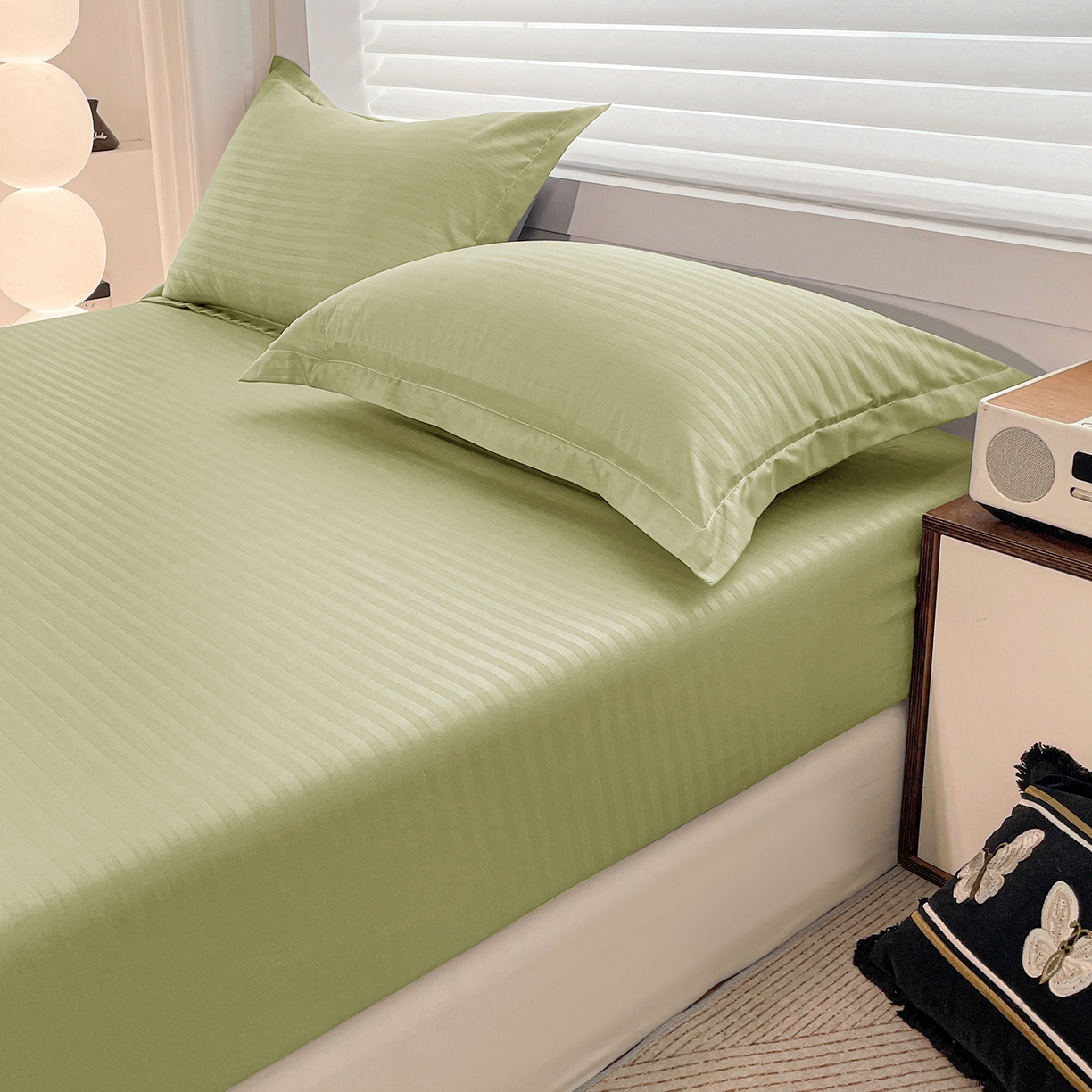 91家纺网 家纺一手货源 找家纺 恬澳家纺 2025新款简约磨毛压花床笠外贸跨境电商亚马逊速卖通单床笠三件套欧美尺寸多多跨境平台-场景二 条纹-绿