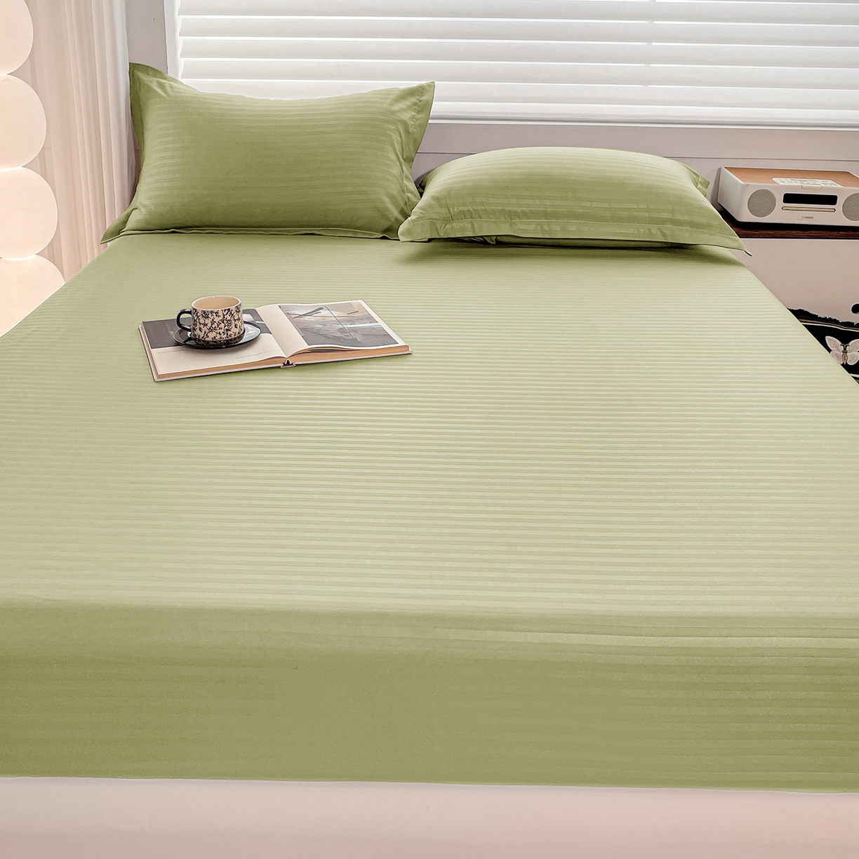 91家纺网 家纺一手货源 找家纺 恬澳家纺 2025新款简约磨毛压花床笠外贸跨境电商亚马逊速卖通单床笠三件套欧美尺寸多多跨境平台-场景二 条纹-绿