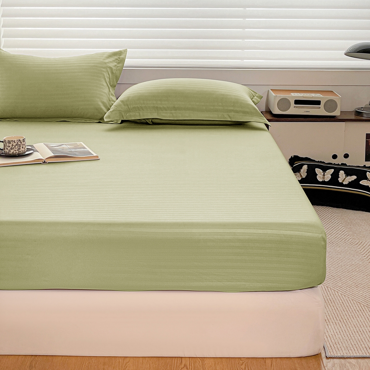 91家纺网 家纺一手货源 找家纺 恬澳家纺 2025新款简约磨毛压花床笠外贸跨境电商亚马逊速卖通单床笠三件套欧美尺寸多多跨境平台-场景二 条纹-绿