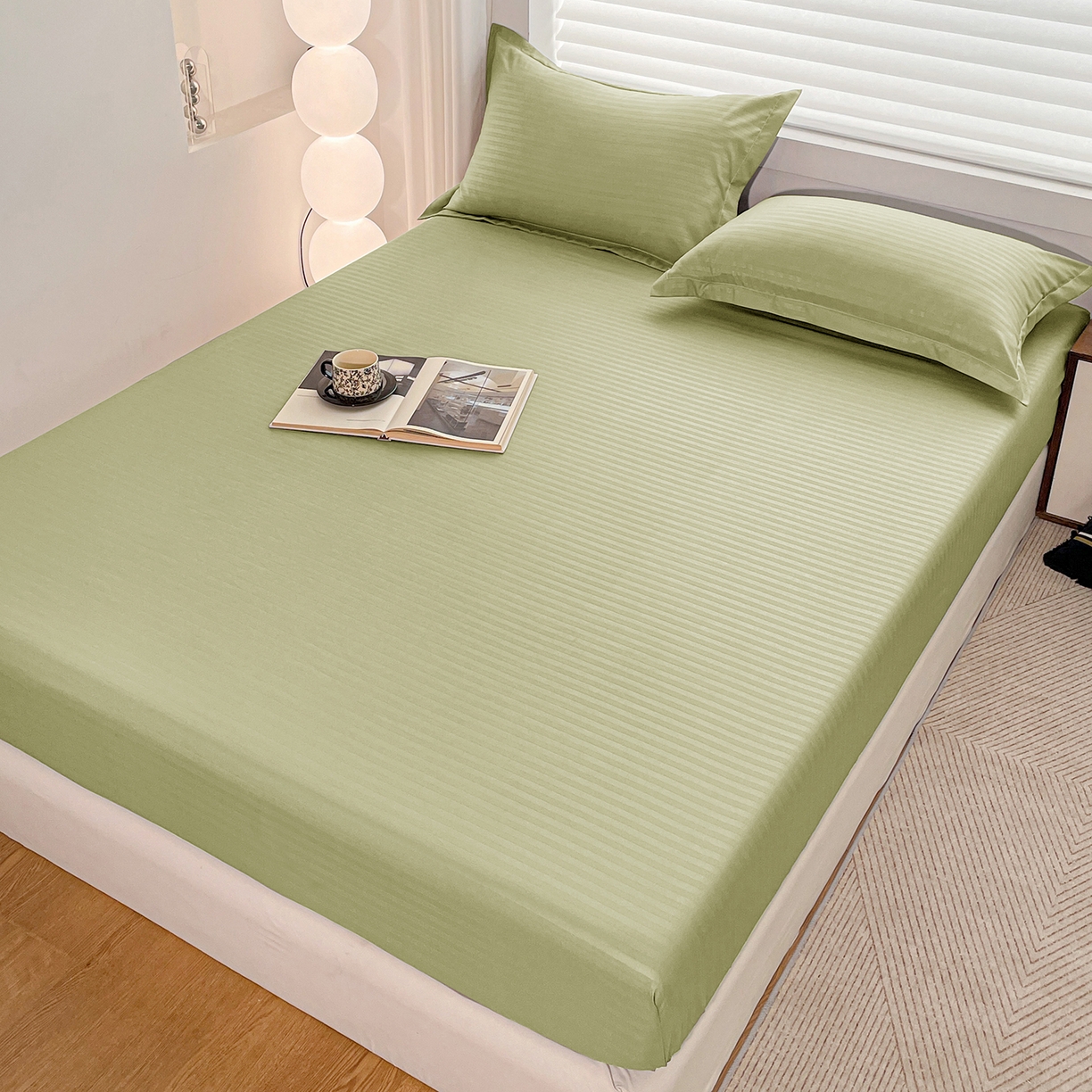 91家纺网 家纺一手货源 找家纺 恬澳家纺 2025新款简约磨毛压花床笠外贸跨境电商亚马逊速卖通单床笠三件套欧美尺寸多多跨境平台-场景二 条纹-绿