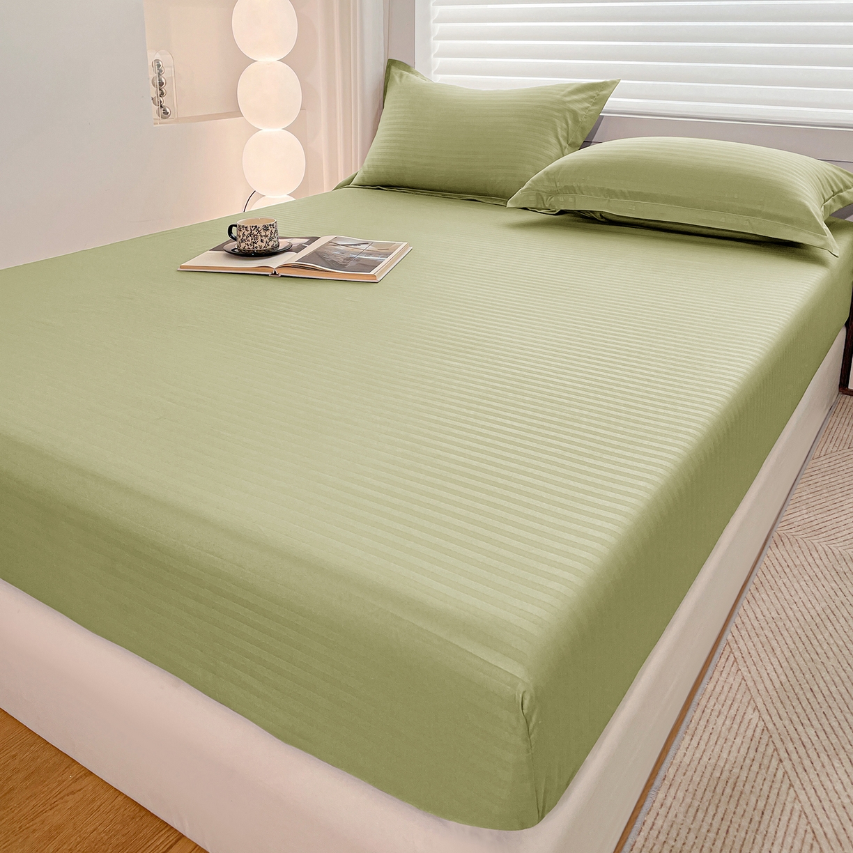 91家纺网 家纺一手货源 找家纺 恬澳家纺 2025新款简约磨毛压花床笠外贸跨境电商亚马逊速卖通单床笠三件套欧美尺寸多多跨境平台-场景二 条纹-绿