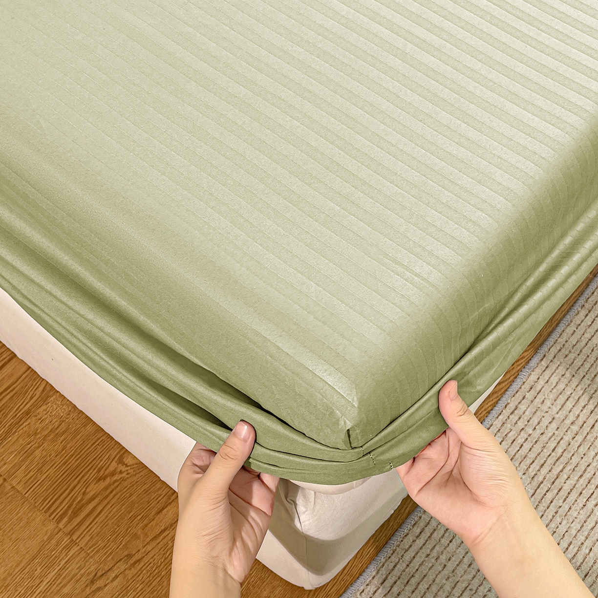 91家纺网 家纺一手货源 找家纺 恬澳家纺 2025新款简约磨毛压花床笠外贸跨境电商亚马逊速卖通单床笠三件套欧美尺寸多多跨境平台-场景二 条纹-绿