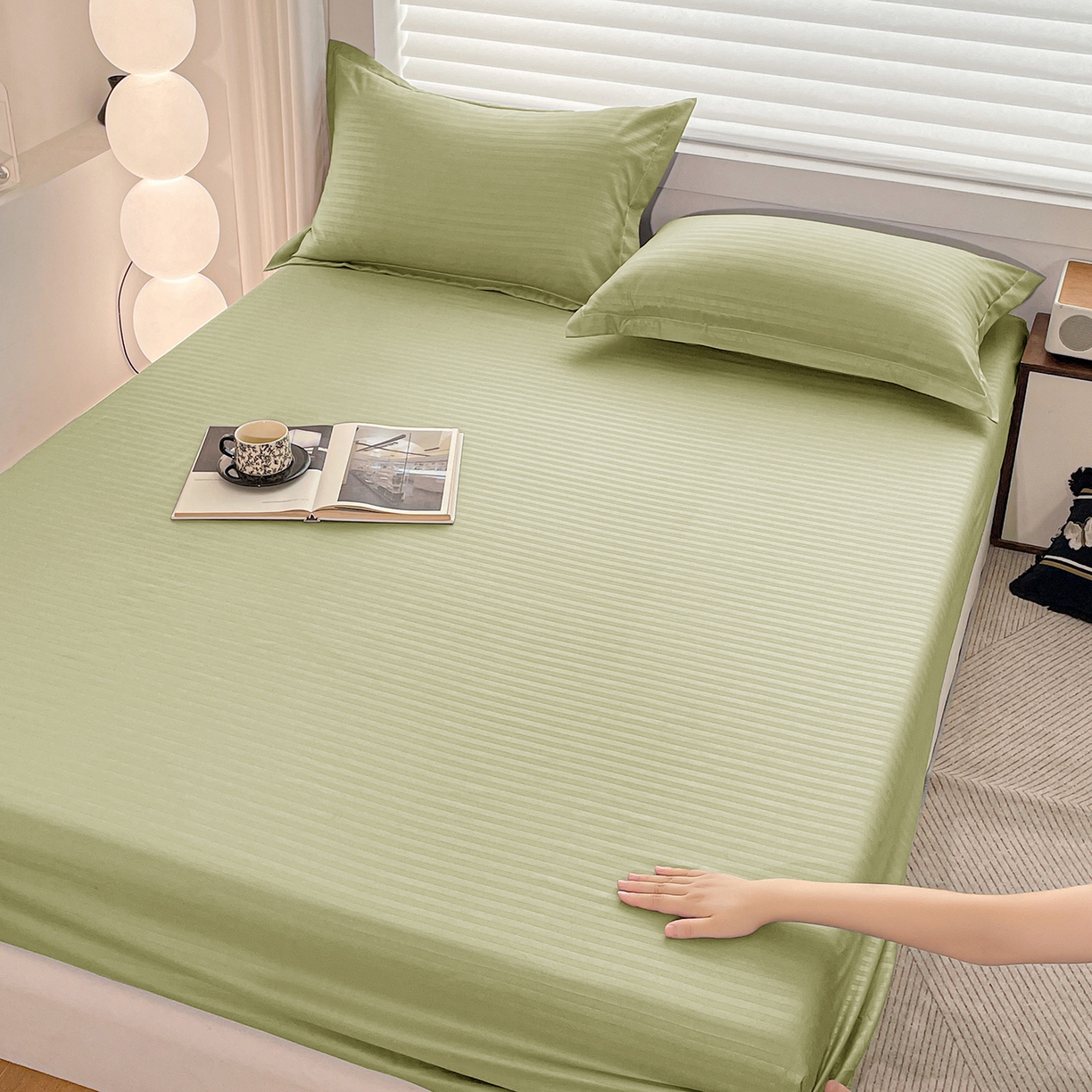 91家纺网 家纺一手货源 找家纺 恬澳家纺 2025新款简约磨毛压花床笠外贸跨境电商亚马逊速卖通单床笠三件套欧美尺寸多多跨境平台-场景二 条纹-绿