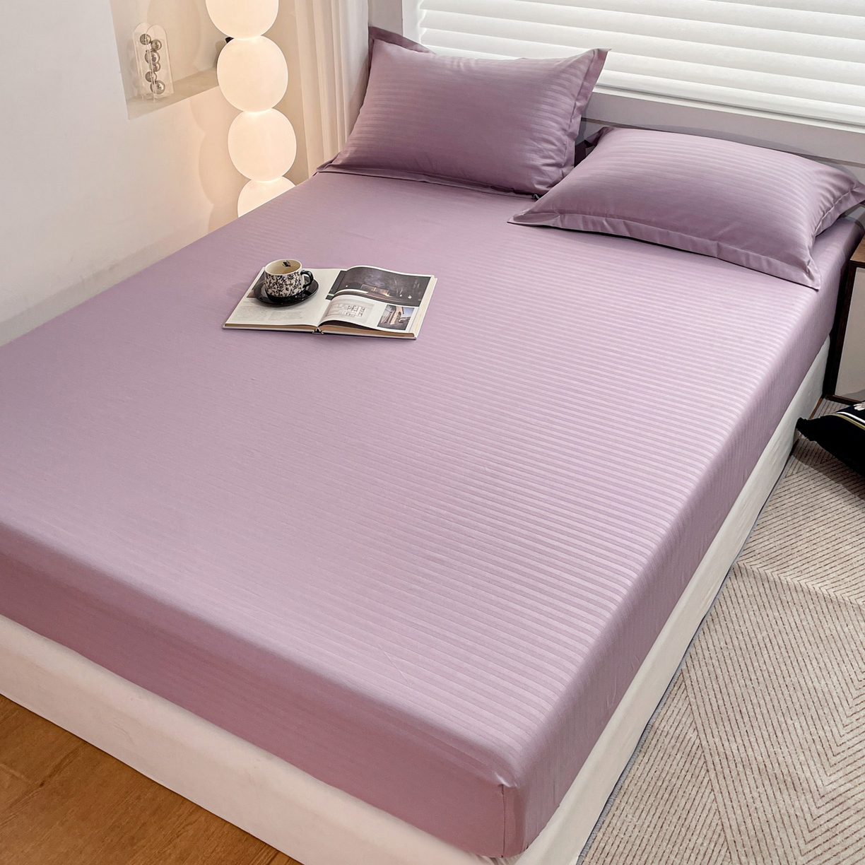 91家纺网 家纺一手货源 找家纺 恬澳家纺 2025新款简约磨毛压花床笠外贸跨境电商亚马逊速卖通单床笠三件套欧美尺寸多多跨境平台-场景二 条纹-紫