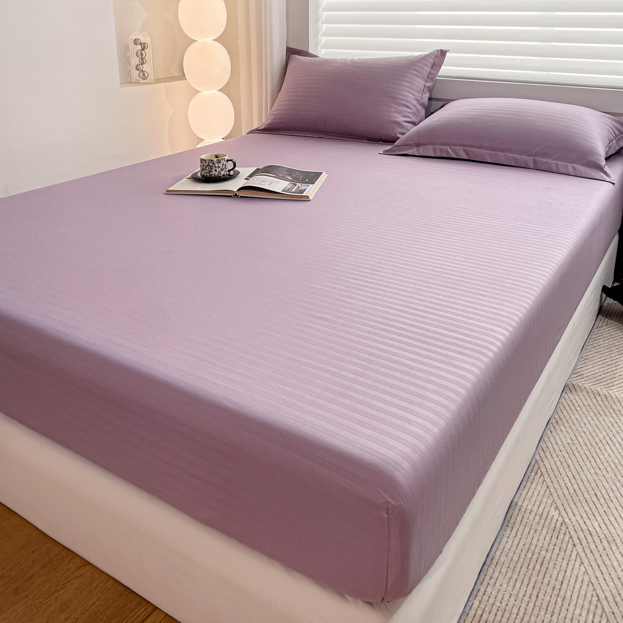 91家纺网 家纺一手货源 找家纺 恬澳家纺 2025新款简约磨毛压花床笠外贸跨境电商亚马逊速卖通单床笠三件套欧美尺寸多多跨境平台-场景二 条纹-紫