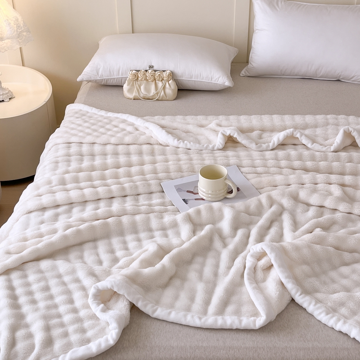 91家纺网 家纺一手货源 找家纺 默忆 2025新款A类保暖加厚仿兔毛毯毯子 米白