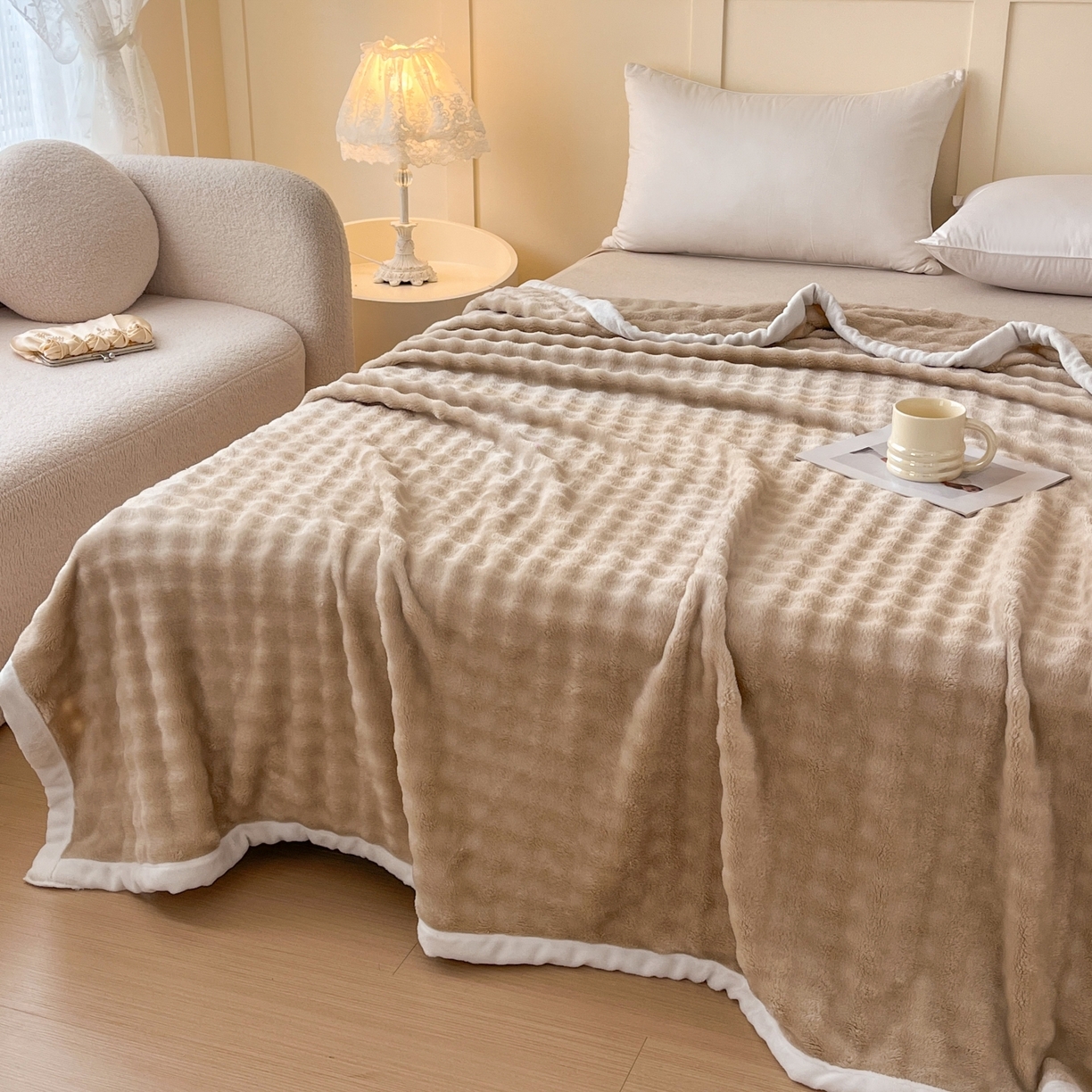 91家纺网 家纺一手货源 找家纺 默忆 2025新款A类保暖加厚仿兔毛毯毯子 咖色