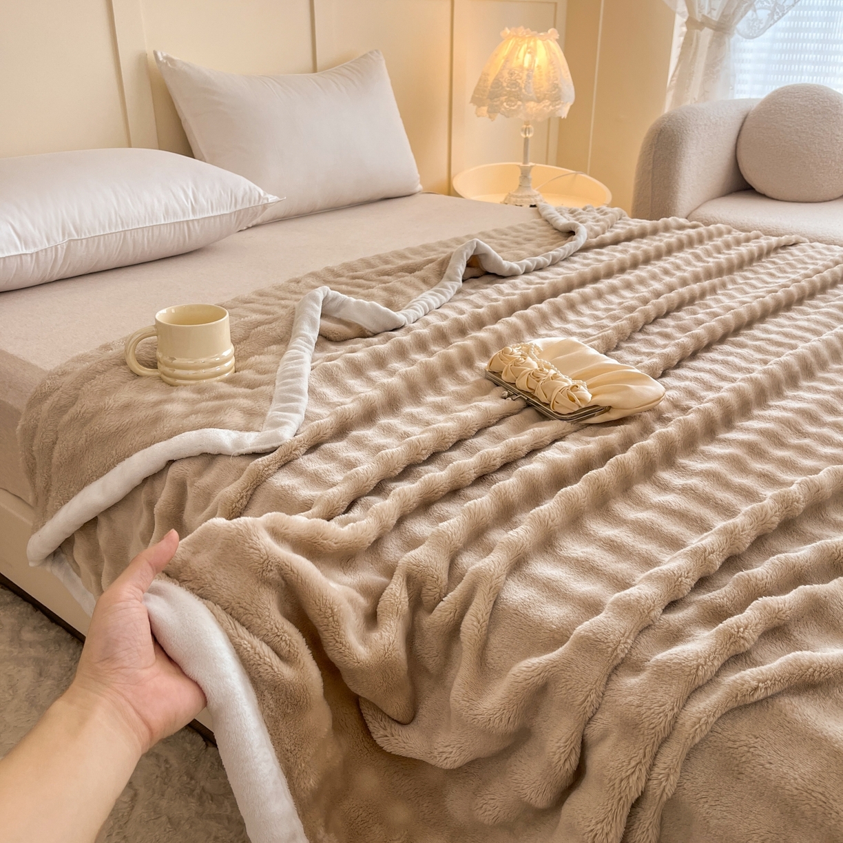 91家纺网 家纺一手货源 找家纺 默忆 2025新款A类保暖加厚仿兔毛毯毯子 咖色