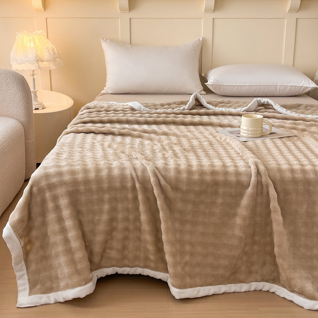 91家纺网 家纺一手货源 找家纺 默忆 2025新款A类保暖加厚仿兔毛毯毯子 咖色