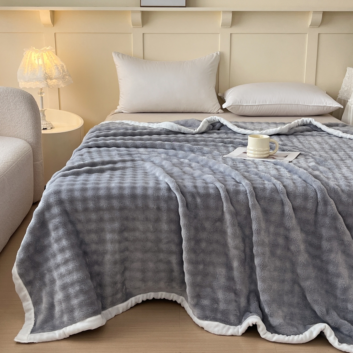 91家纺网 家纺一手货源 找家纺 默忆 2025新款A类保暖加厚仿兔毛毯毯子 蓝灰