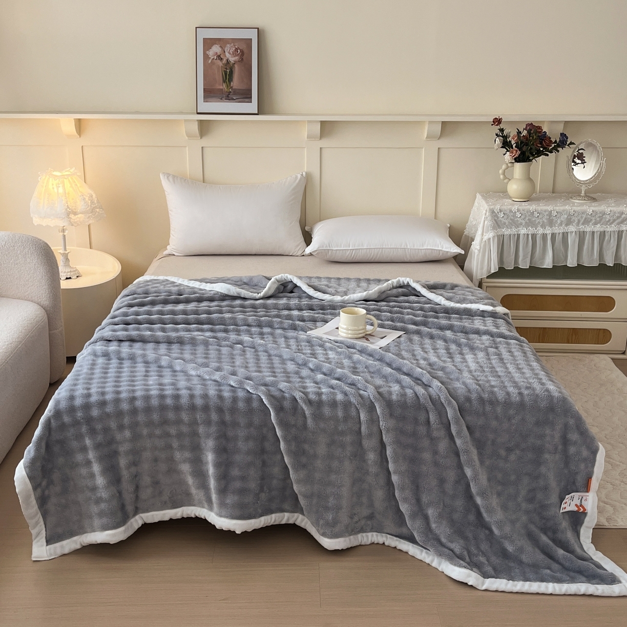 91家纺网 家纺一手货源 找家纺 默忆 2025新款A类保暖加厚仿兔毛毯毯子 蓝灰