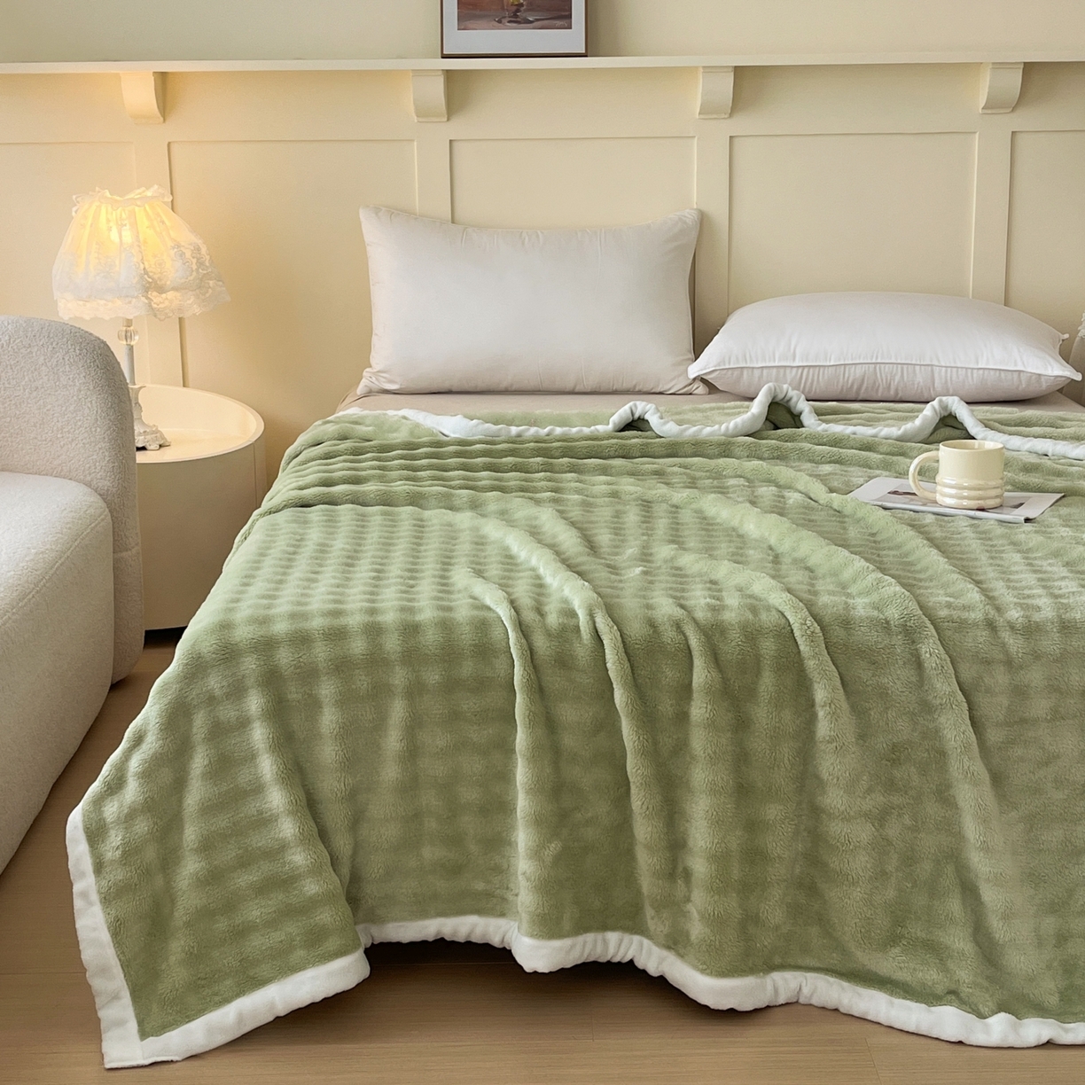 91家纺网 家纺一手货源 找家纺 默忆 2025新款A类保暖加厚仿兔毛毯毯子 绿