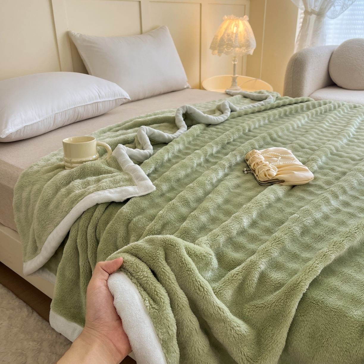 91家纺网 家纺一手货源 找家纺 默忆 2025新款A类保暖加厚仿兔毛毯毯子 绿