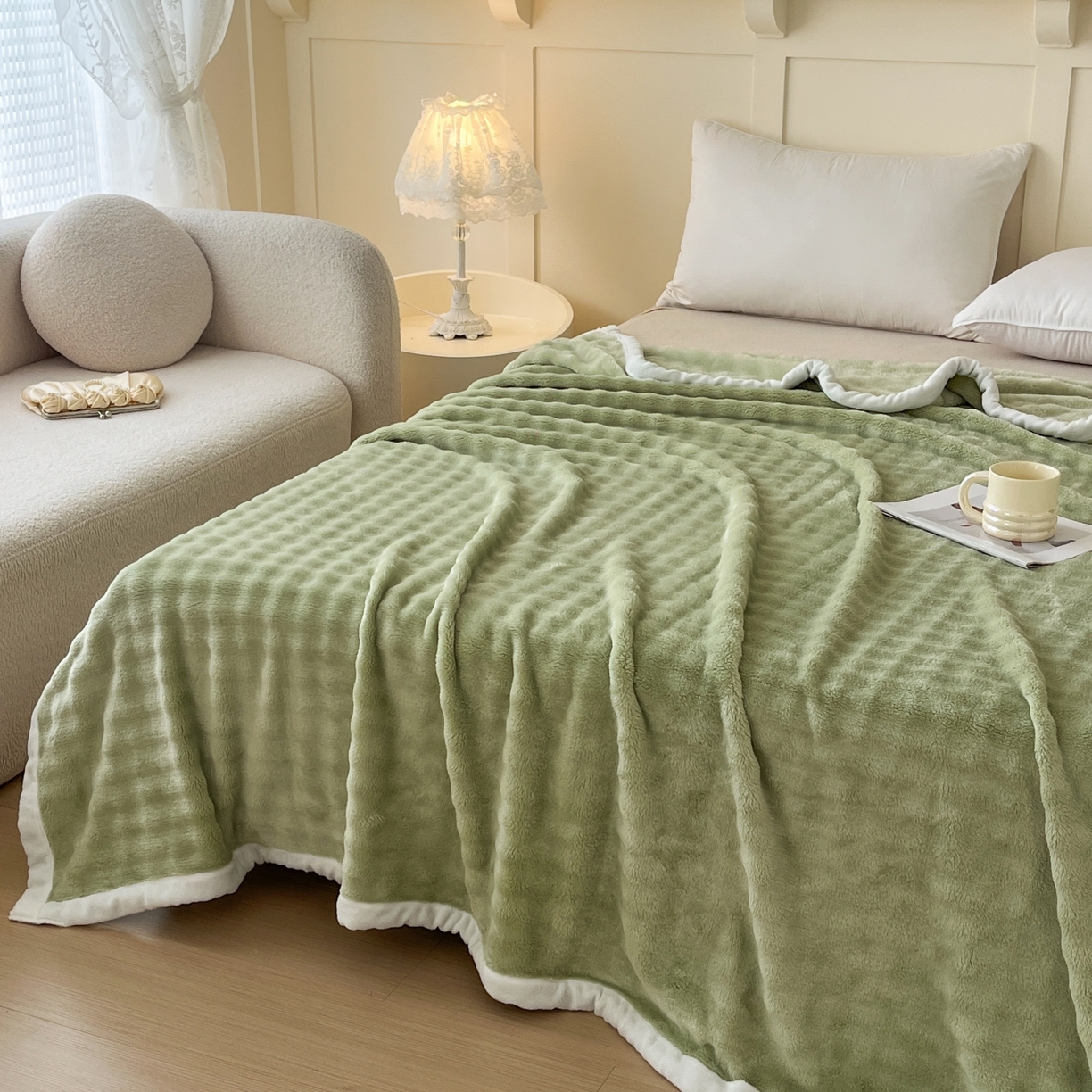 91家纺网 家纺一手货源 找家纺 默忆 2025新款A类保暖加厚仿兔毛毯毯子 绿