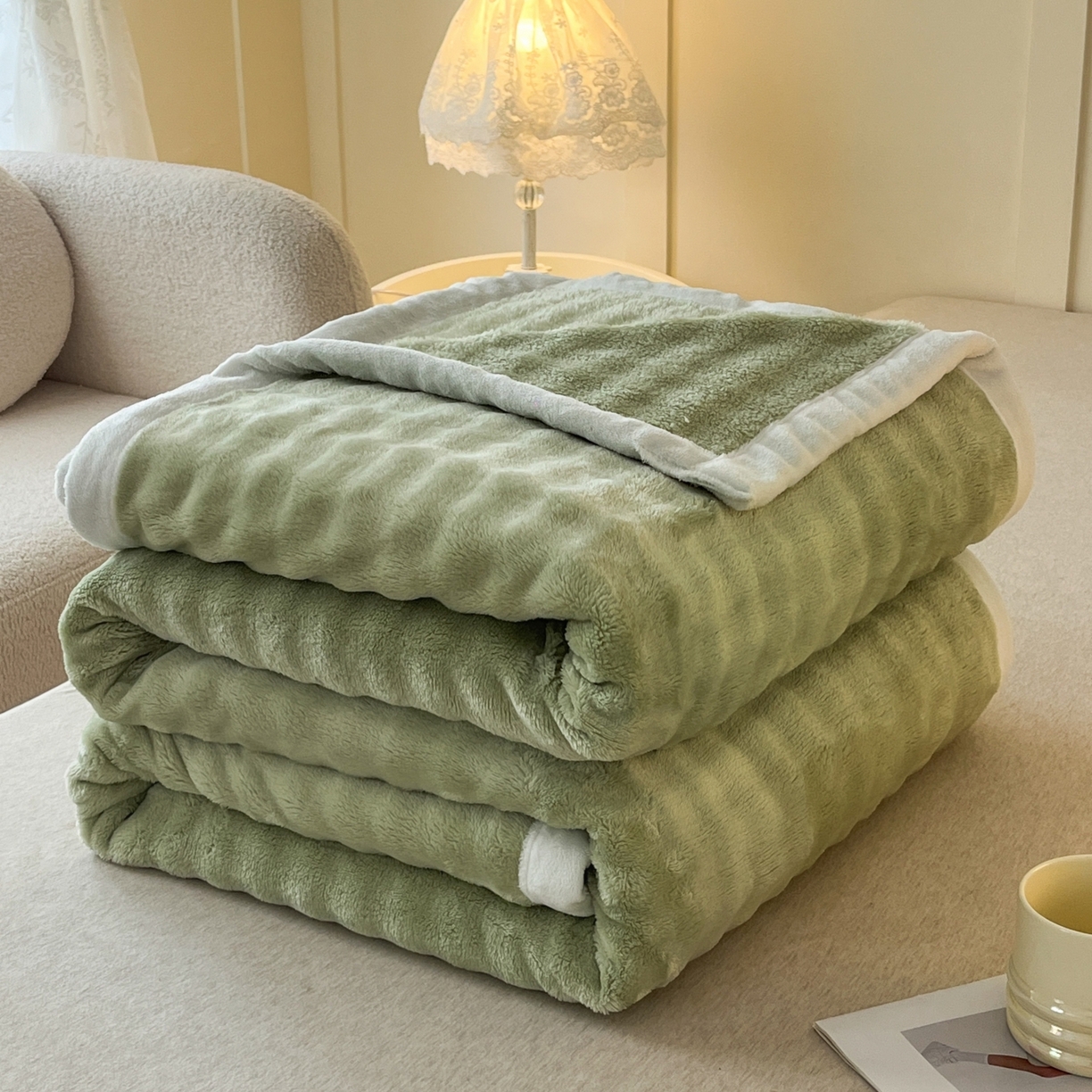 91家纺网 家纺一手货源 找家纺 默忆 2025新款A类保暖加厚仿兔毛毯毯子 绿