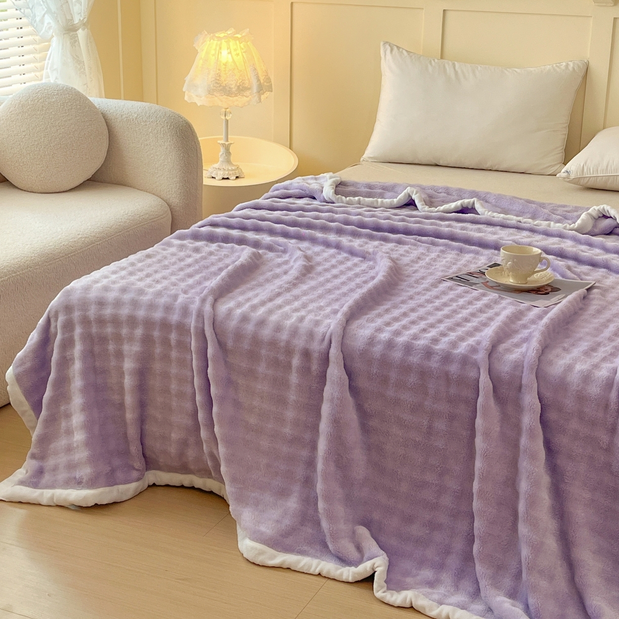 91家纺网 家纺一手货源 找家纺 默忆 2025新款A类保暖加厚仿兔毛毯毯子 紫色