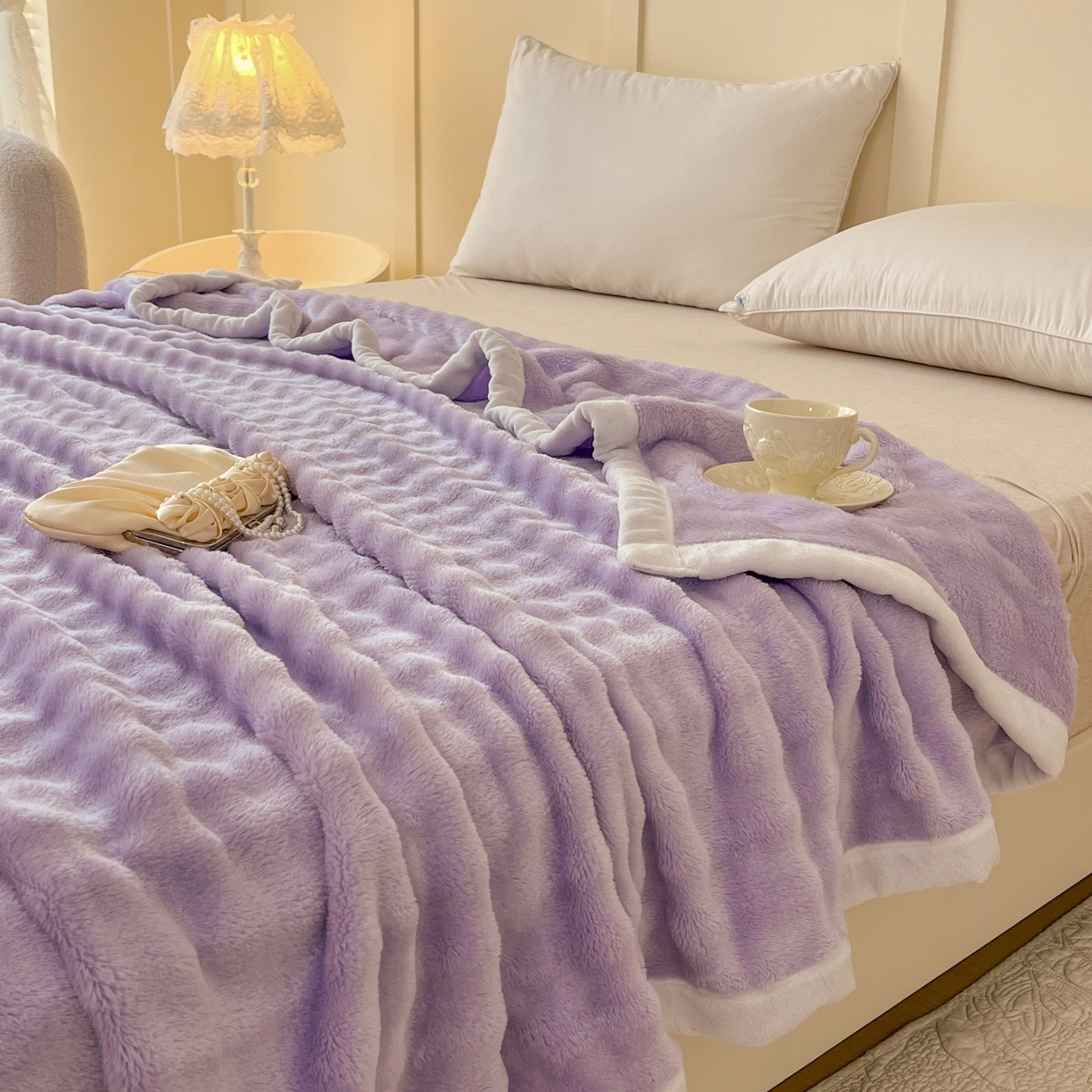 91家纺网 家纺一手货源 找家纺 默忆 2025新款A类保暖加厚仿兔毛毯毯子 紫色