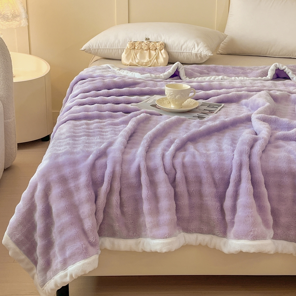 91家纺网 家纺一手货源 找家纺 默忆 2025新款A类保暖加厚仿兔毛毯毯子 紫色