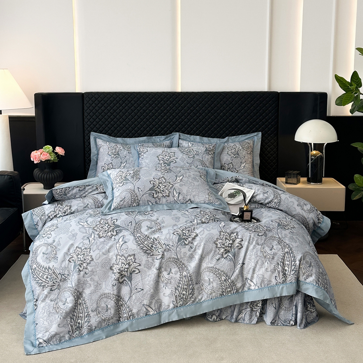 福丽莱家纺 2025新款高端60纯棉数码印花夹棉床裙四件套 芙影-灰