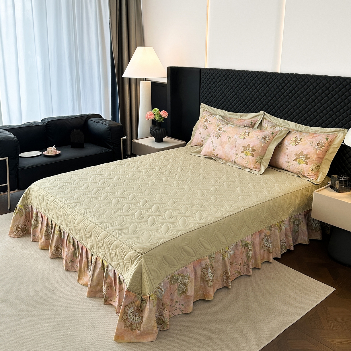 91家纺网 家纺一手货源 找家纺 福丽莱家纺 2025新款高端60纯棉数码印花夹棉床裙四件套 瑞贝卡