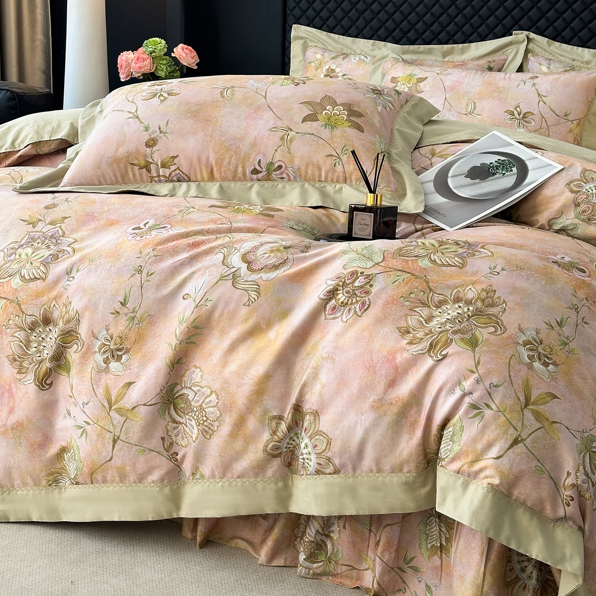 91家纺网 家纺一手货源 找家纺 福丽莱家纺 2025新款高端60纯棉数码印花夹棉床裙四件套 瑞贝卡