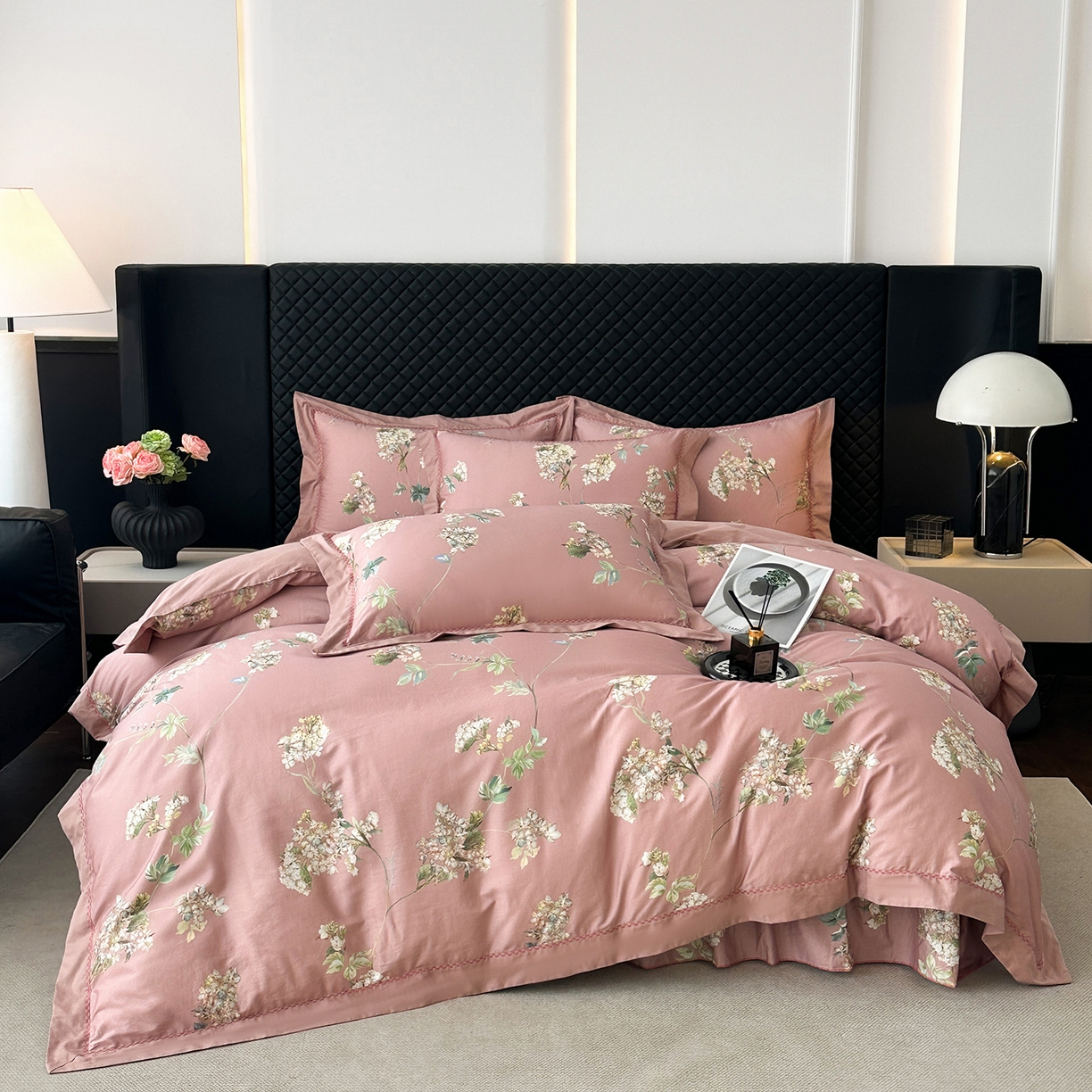 福丽莱家纺 2025新款高端60纯棉数码印花夹棉床裙四件套 若婉-玫瑰粉