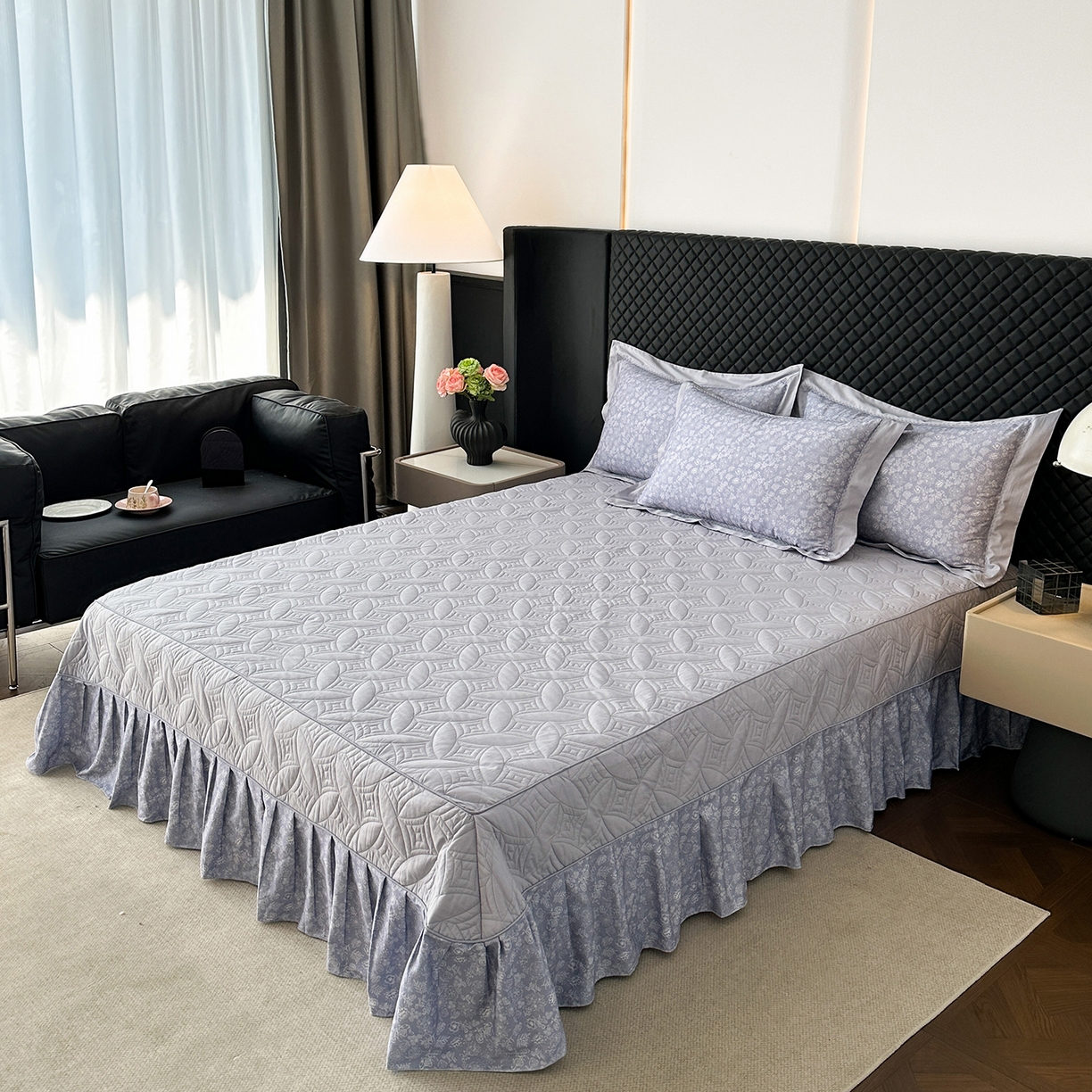 91家纺网 家纺一手货源 找家纺 福丽莱家纺 2025新款高端60纯棉数码印花夹棉床裙四件套 薰衣之恋