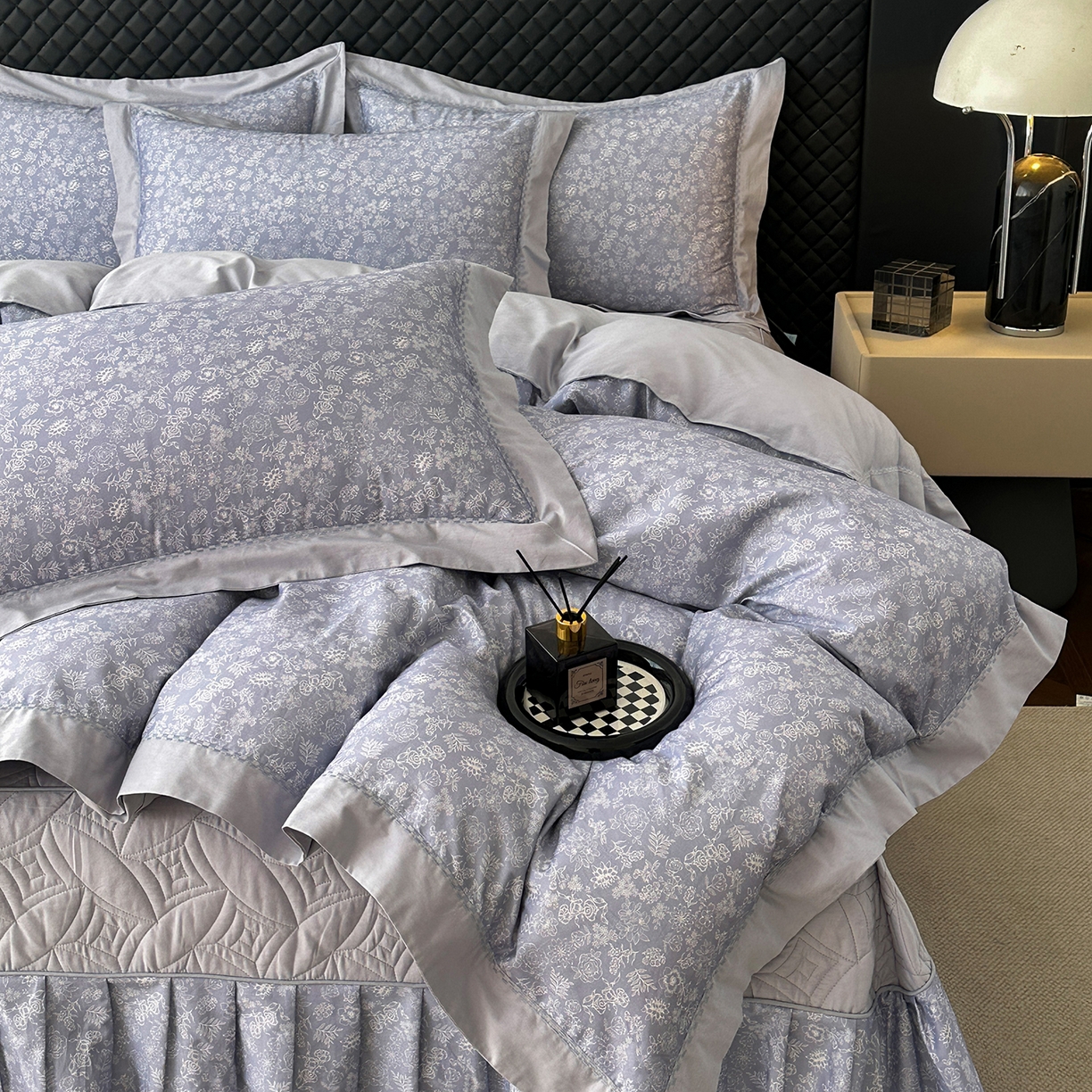 91家纺网 家纺一手货源 找家纺 福丽莱家纺 2025新款高端60纯棉数码印花夹棉床裙四件套 薰衣之恋