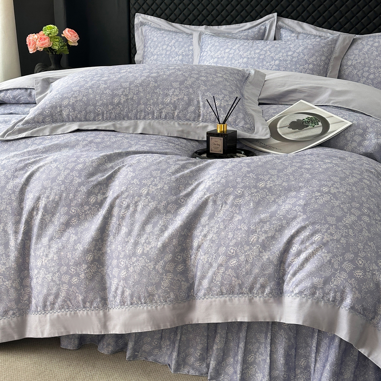 91家纺网 家纺一手货源 找家纺 福丽莱家纺 2025新款高端60纯棉数码印花夹棉床裙四件套 薰衣之恋