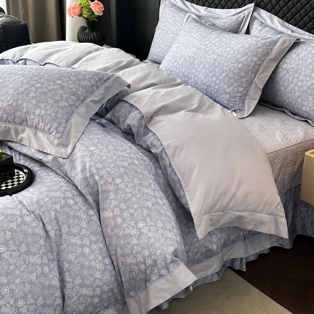 91家纺网 家纺一手货源 找家纺 福丽莱家纺 2025新款高端60纯棉数码印花夹棉床裙四件套 薰衣之恋