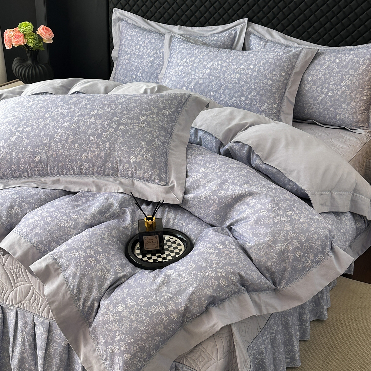 91家纺网 家纺一手货源 找家纺 福丽莱家纺 2025新款高端60纯棉数码印花夹棉床裙四件套 薰衣之恋