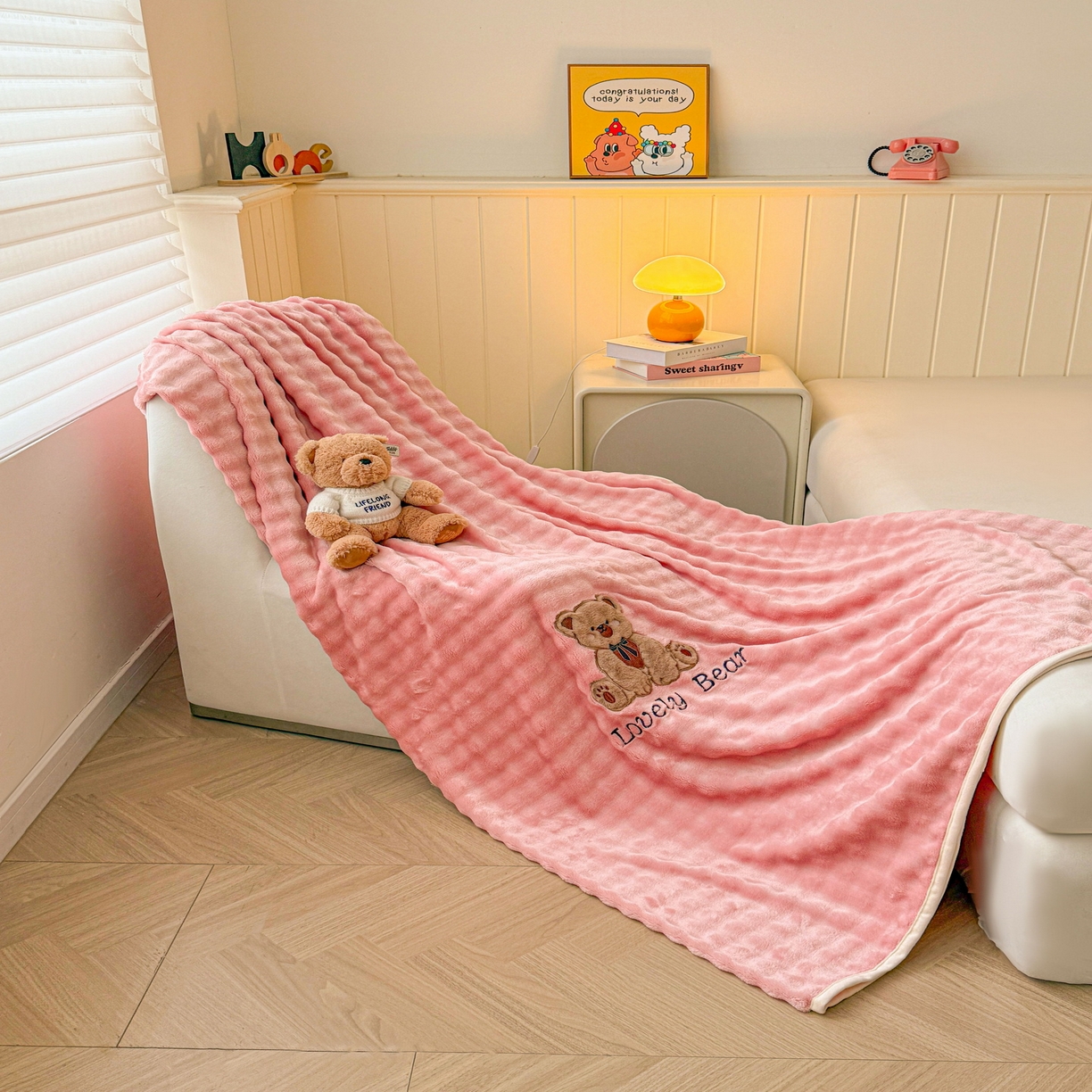 91家纺网 家纺一手货源 找家纺 爱思凯家纺 2025新款加厚泡泡绒纯色单品床单单件床单 松饼熊床单-粉