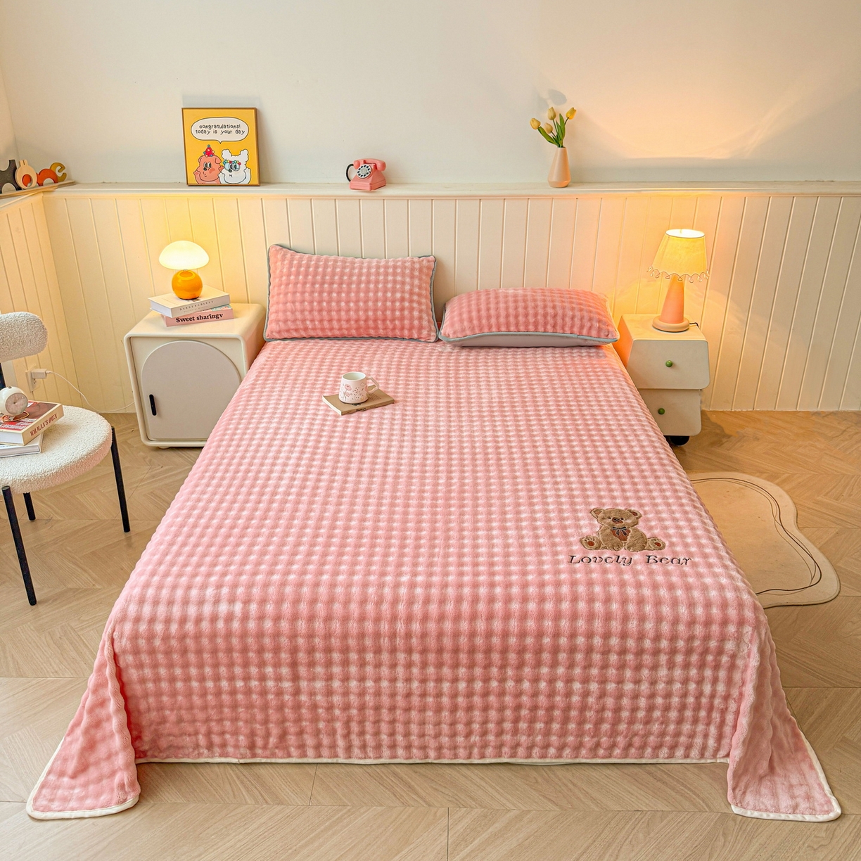 91家纺网 家纺一手货源 找家纺 爱思凯家纺 2025新款加厚泡泡绒纯色单品床单单件床单 松饼熊床单-粉