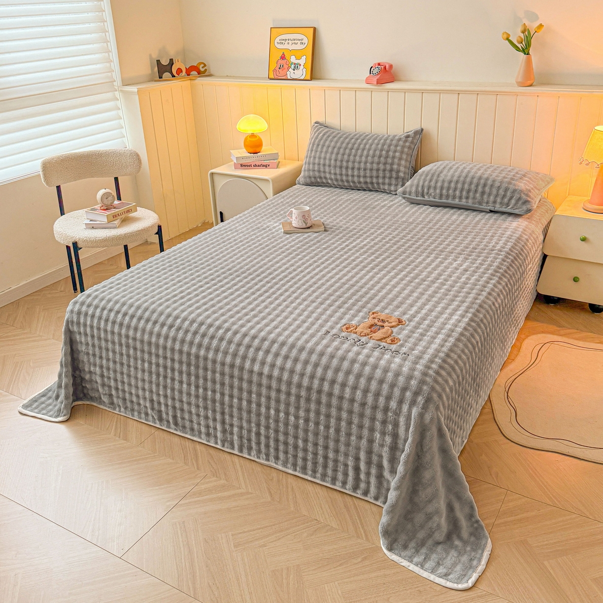 91家纺网 家纺一手货源 找家纺 爱思凯家纺 2025新款加厚泡泡绒纯色单品床单单件床单 松饼熊床单-灰