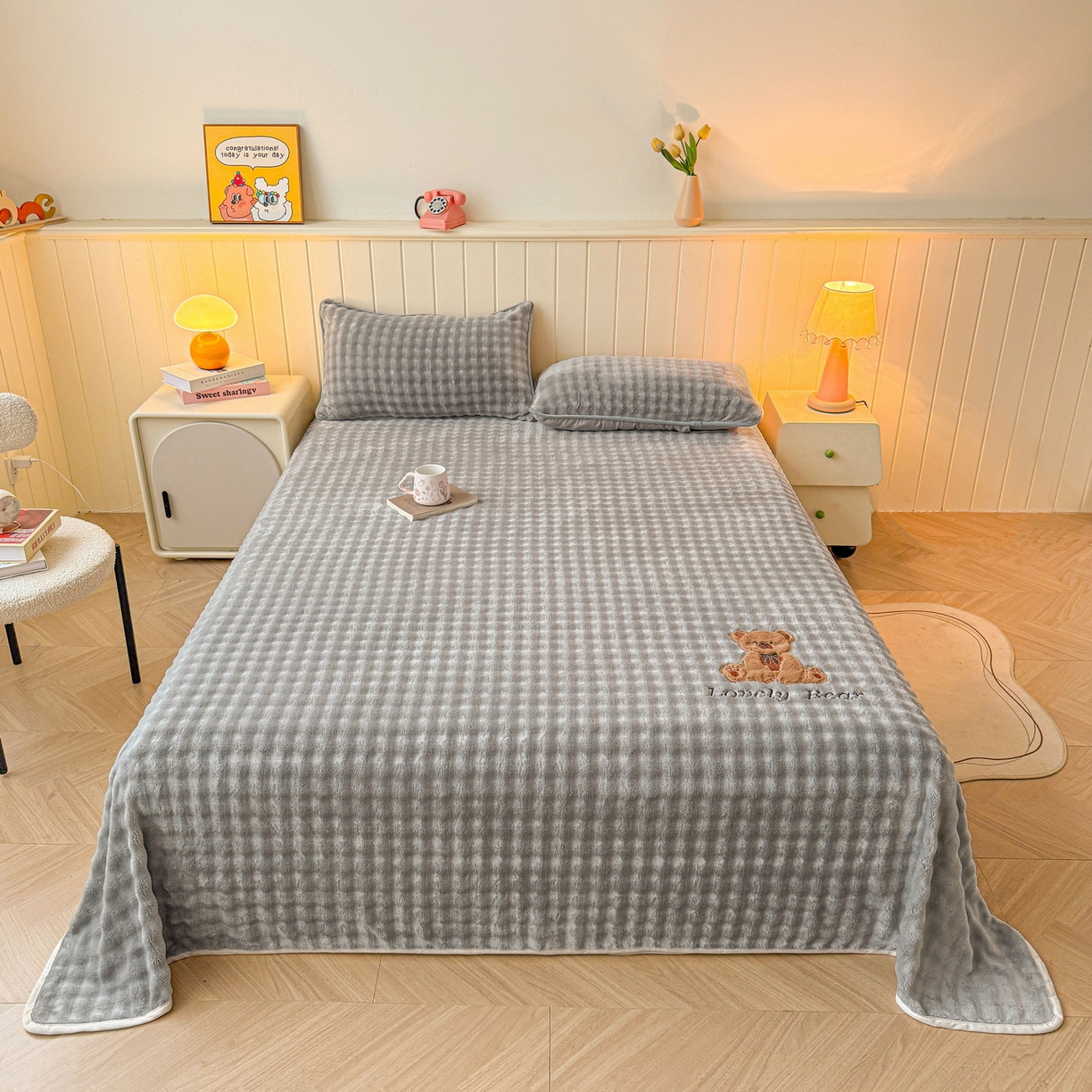 91家纺网 家纺一手货源 找家纺 爱思凯家纺 2025新款加厚泡泡绒纯色单品床单单件床单 松饼熊床单-灰