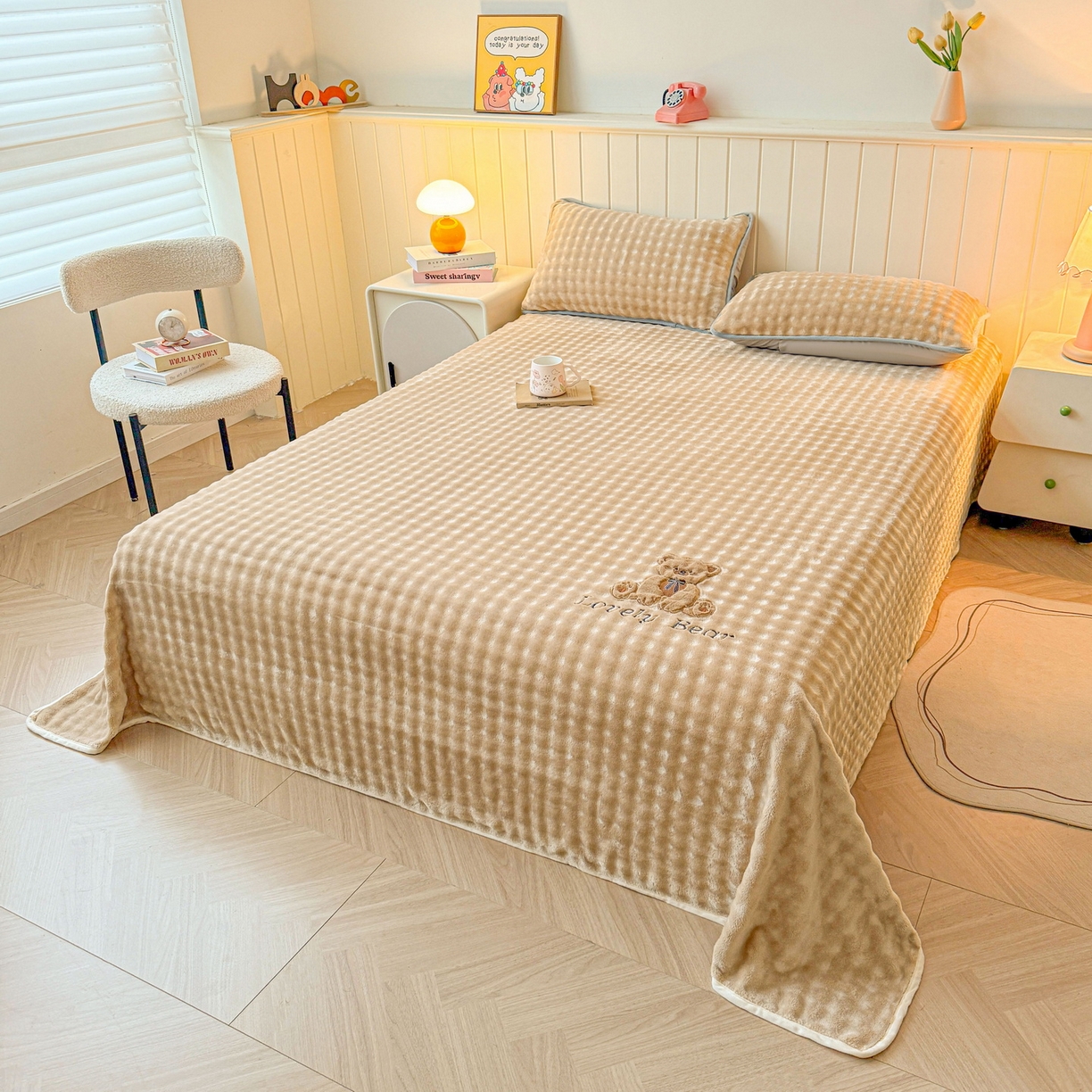 91家纺网 家纺一手货源 找家纺 爱思凯家纺 2025新款加厚泡泡绒纯色单品床单单件床单 松饼熊床单-卡其