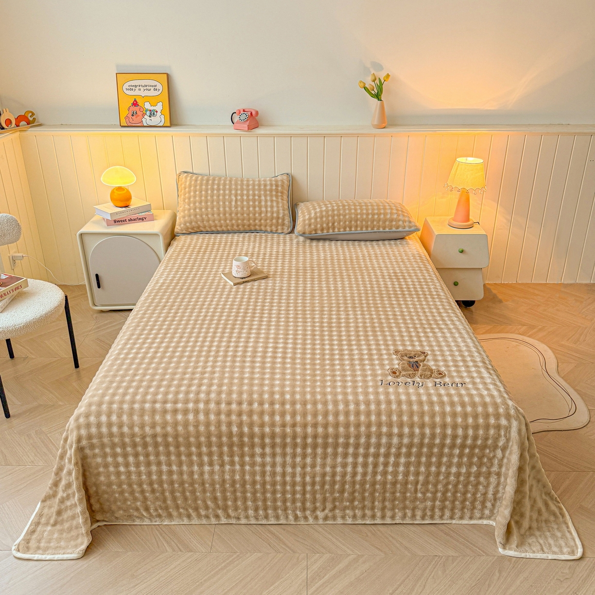 91家纺网 家纺一手货源 找家纺 爱思凯家纺 2025新款加厚泡泡绒纯色单品床单单件床单 松饼熊床单-卡其