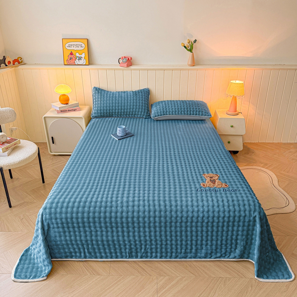 91家纺网 家纺一手货源 找家纺 爱思凯家纺 2025新款加厚泡泡绒纯色单品床单单件床单 松饼熊床单-蓝灰