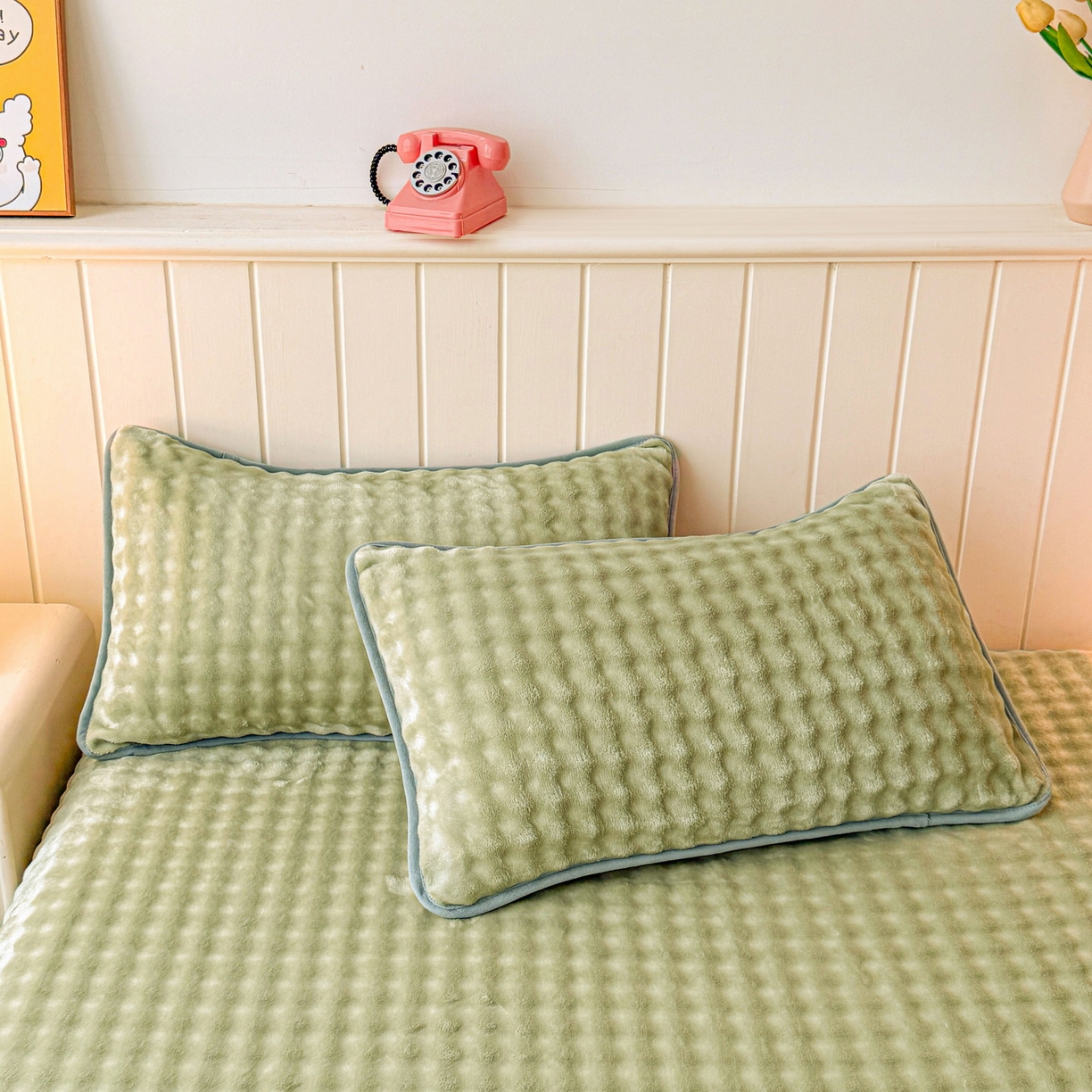 91家纺网 家纺一手货源 找家纺 爱思凯家纺 2025新款加厚泡泡绒纯色单品床单单件床单 松饼熊床单-绿